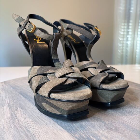YSL Yves Saint Laurent Camouflage Green Suede Tribute Stiletto Heels Size 7.5 - Picture 6 of 14
